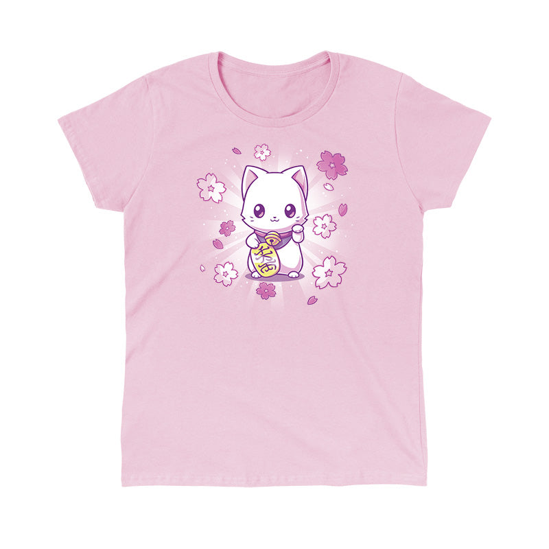 Classic Cotton T-shirt_TeeTurtle Lucky Sakura Kitty light pink t-shirt featuring a kawaii cat surrounded by flowers.