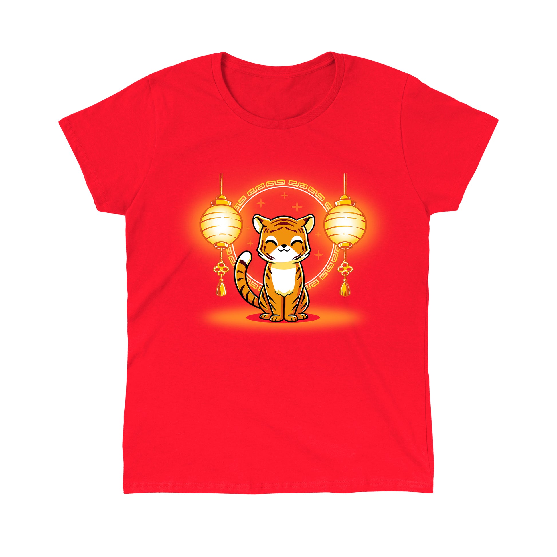 Classic Cotton T-shirt_Teeturtle Lunar New Year Tiger red t-shirt featuring a cute cartoon tiger sitting between a pair of Chinese New Year's paper lanterns.