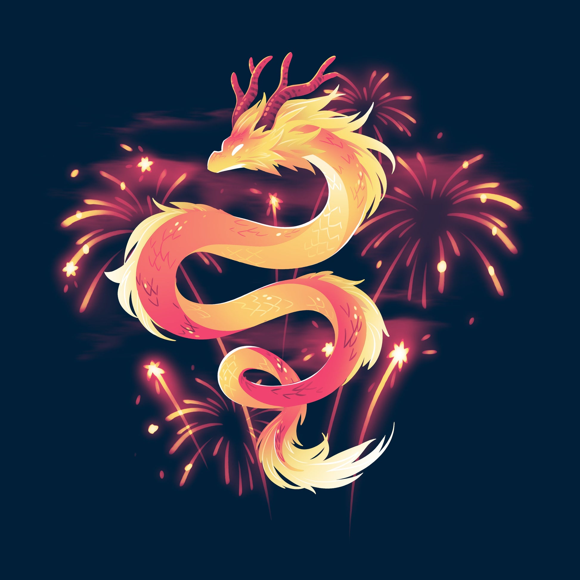 Long Sleeve T-shirt_TeeTurtle lunar new year dragon navy blue t-shirt featuring a dragon amidst fireworks.