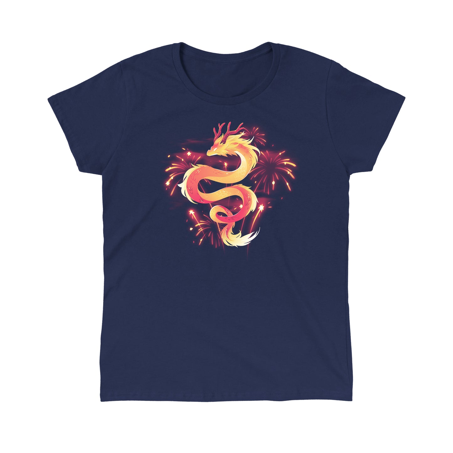 Classic Cotton T-shirt_TeeTurtle lunar new year dragon navy blue t-shirt featuring a gradon amidst fireworks.