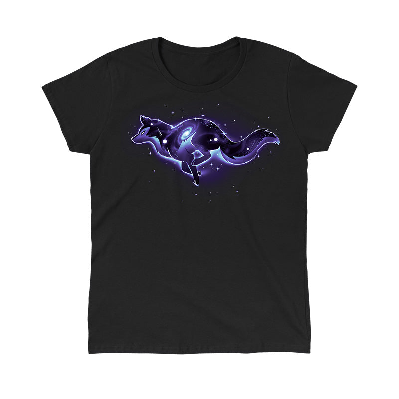 Classic Cotton T-shirt_TeeTurtle Lupine Constellation black t-shirt featuring an outline of a wolf that has a constellation inside of it. The wolf is in space surrounded by stars. 