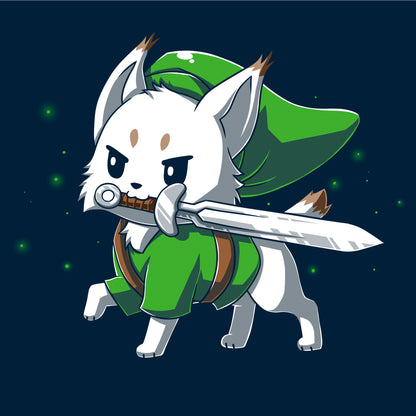  Crew Neck Sweatshirt_TeeTurtle Lynx navy blue design featuring a determined white Lynx with a sword in its mouth dressed in a long green hat and matching green tunic in this fantasy video game design. 