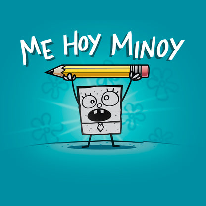 Classic Cotton T-shirt_TeeTurtle tropical blue Me Hoy Minoy apparel featuring DoodleBob from SpongeBob SquarePants yelling, “Me Hoy Minoy“ while holding up a pencil in the air with both arms, and floral outlines in the background.