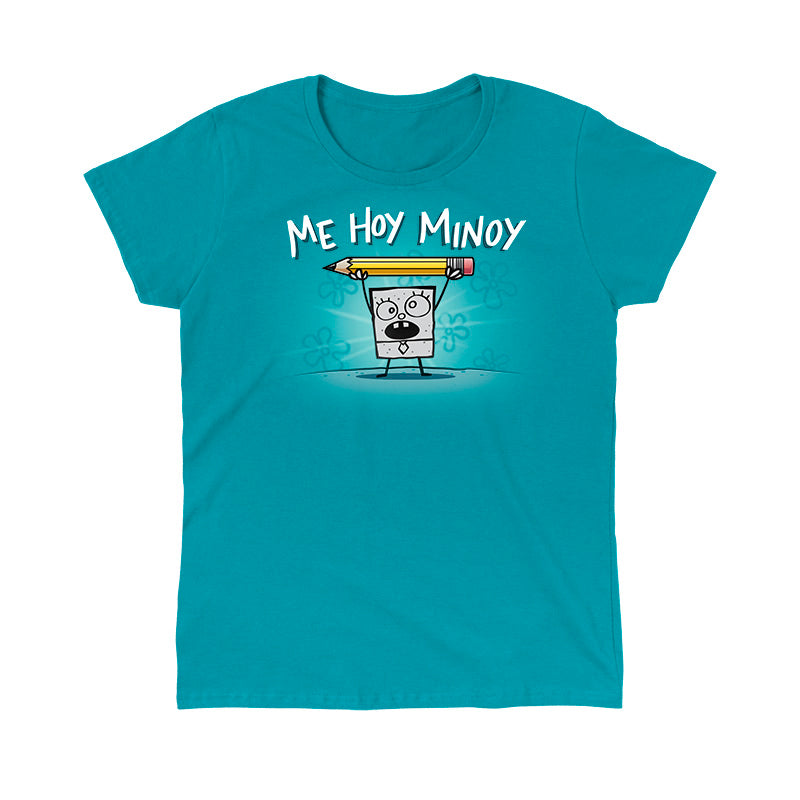 Classic Cotton T-shirt_TeeTurtle tropical blue Me Hoy Minoy apparel featuring DoodleBob from SpongeBob SquarePants yelling, “Me Hoy Minoy“ while holding up a pencil in the air with both arms, and floral outlines in the background.