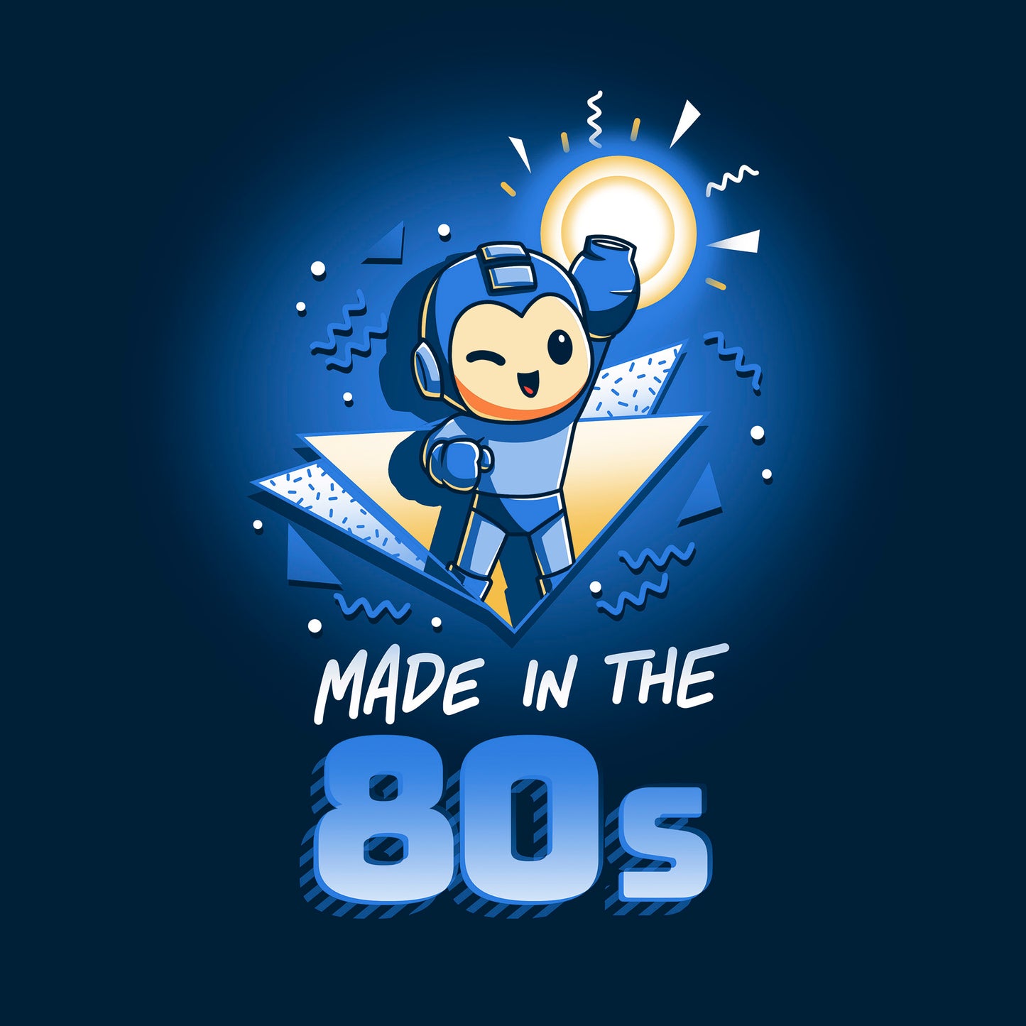 Crew Neck Sweatshirt_TeeTurtle navy blue Made in the 80s featuring a winking Mega Man with his blaster arm in the air surrounded by 80s graphic elements, and the caption, "Made in the 80s".