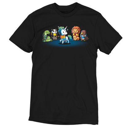 Premium Cotton T-shirt_TeeTurtle Magical Animals black t-shirt featuring a snake, badger, unicorn, lion, and bird each wearing different colored scarves.