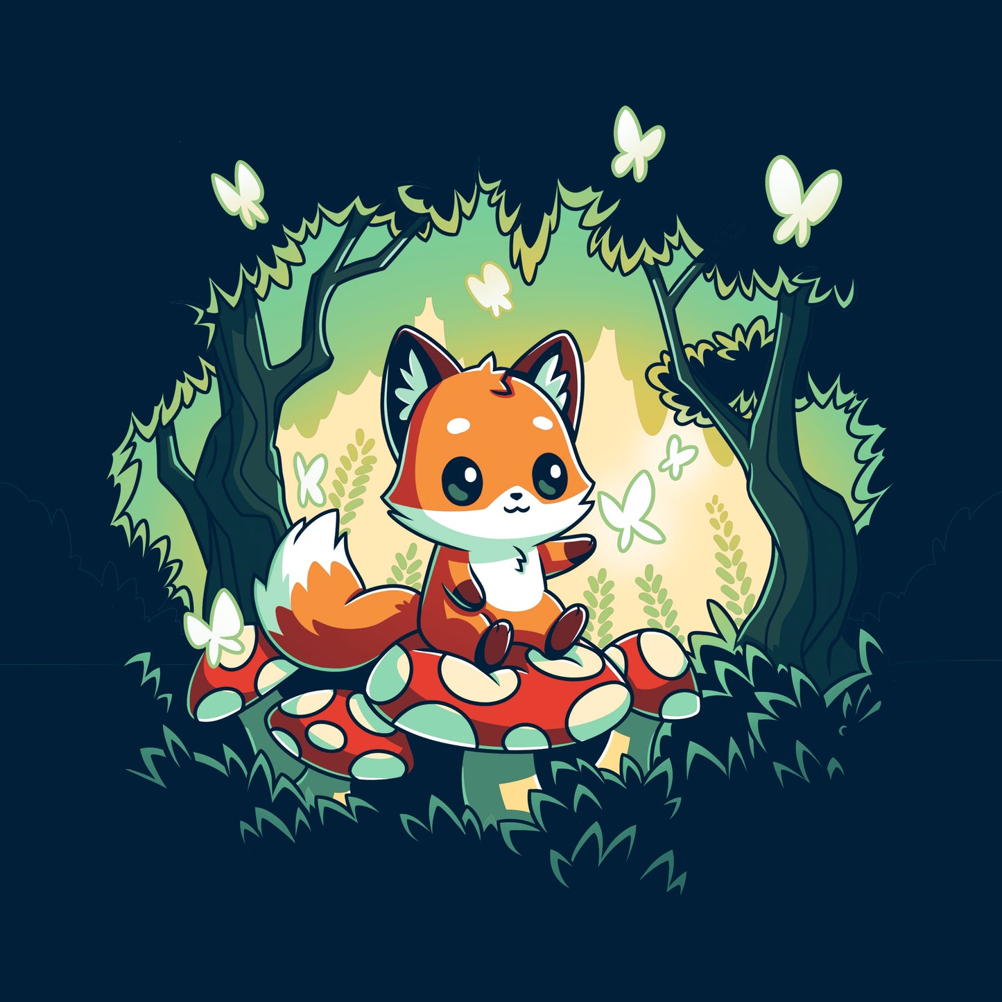 Crew Neck Sweatshirt_TeeTurtle navy blue Magical Forest. Featuring a fox sitting on a toadstool in a forest with butterflies.