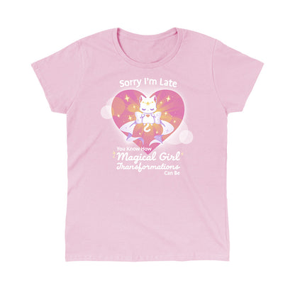 Classic Cotton T-shirt_TeeTurtle light pink Magical Girl Transformations t-shirt featuring a cat transforming into a magical cat like a classic anime magical girl.