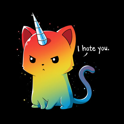 Classic Cotton T-shirt_TeeTurtle black The Magical Kittencorn. Featuring an angry rainbow kittencorn saying, "I hate you.".