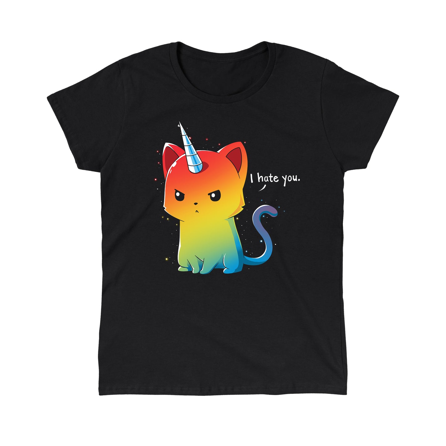 Classic Cotton T-shirt_TeeTurtle black The Magical Kittencorn. Featuring an angry rainbow kittencorn saying, "I hate you.".