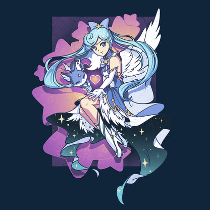 Classic Cotton T-shirt_TeeTurtle Mahou Shoujo & Fox navy blue t-shirt featuring an anime character with long, light blue hair wearing a blue dress with white angel wings while holding a blue fox surrounded by purple stars.