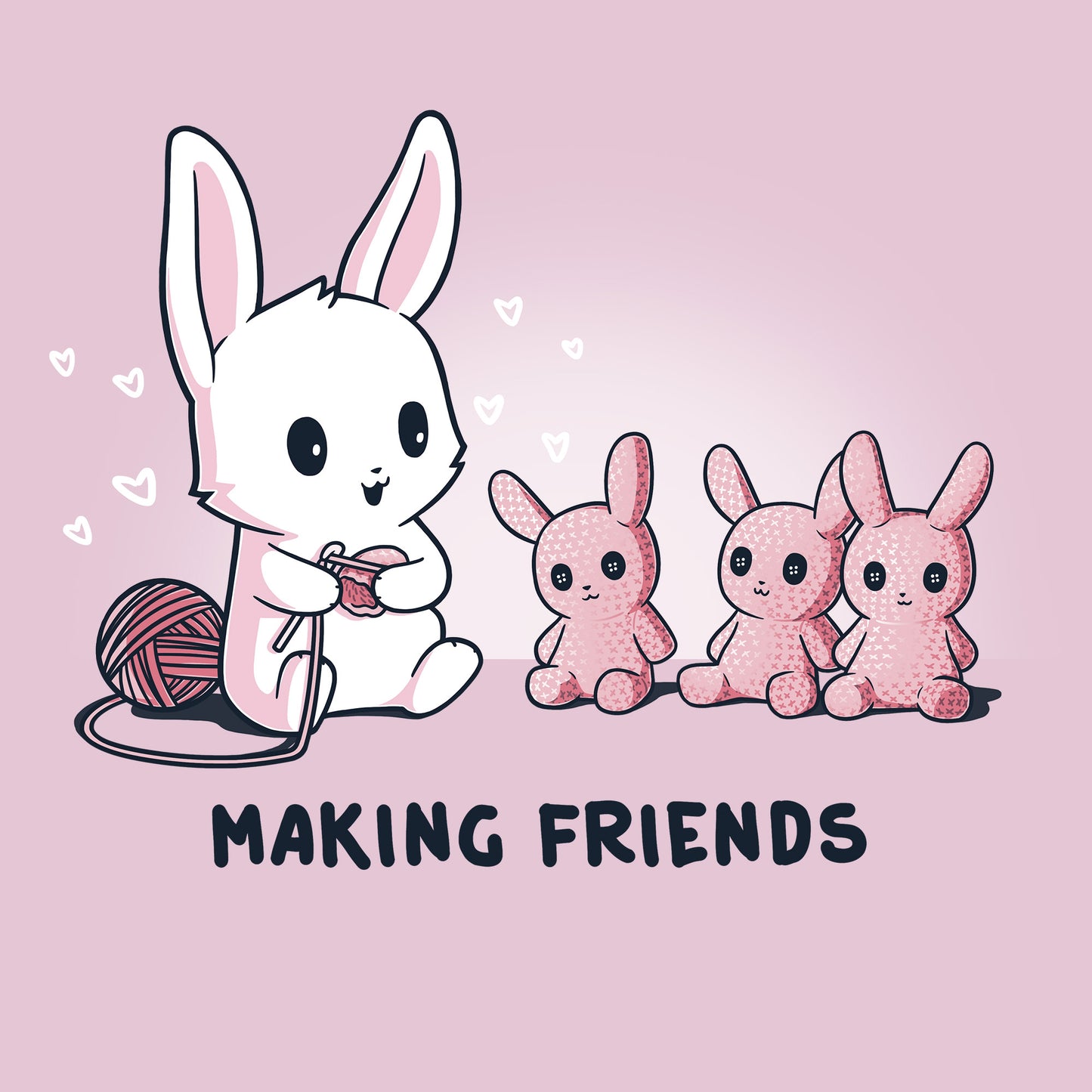 Classic Cotton T-shirt_Teeturtle Making Friends light Pink t-shirt Featuring a white-furred bunny knitting bunny friends out of yarn.