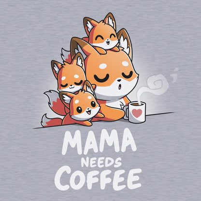 Classic Cotton T-shirt_TeeTurtle- Mama Needs Coffee Heather Gray t-shirt featuring illustration of a tired fox holding a coffee mug on gray background, with three small foxes climbing on her. 