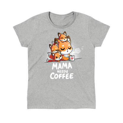 Classic Cotton T-shirt_TeeTurtle- Mama Needs Coffee Heather Gray t-shirt featuring illustration of a tired fox holding a coffee mug on gray background, with three small foxes climbing on her. 