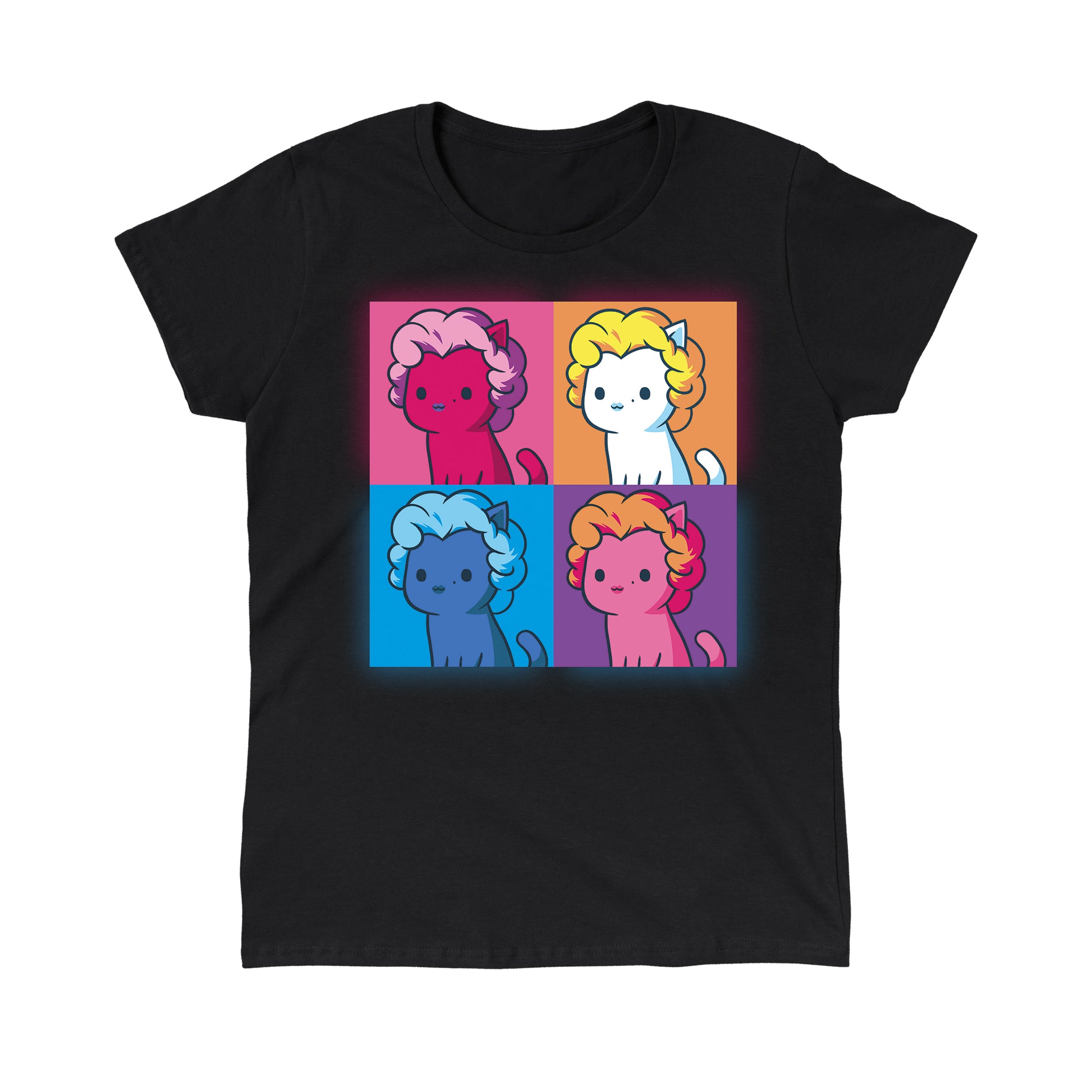 Classic Cotton T-shirt_TeeTurtle Marilyn Meownroe black t-shirt featuring a four panel, multicolored and stylized image of a cartoon cat in a Marilyn Monroe wig in parody of the famous painting of her.