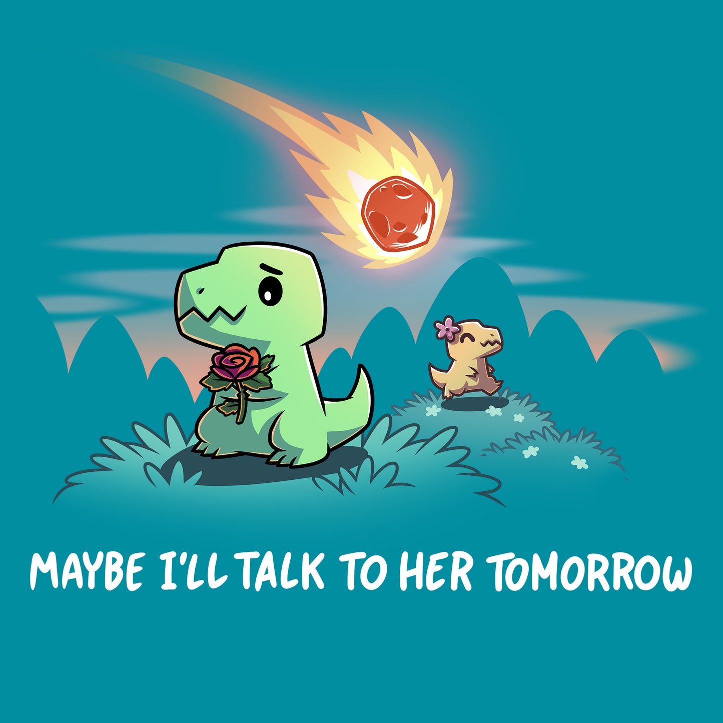 Classic Cotton T-shirt_TeeTurtle tropical blue Maybe I’ll Talk To Her Tomorrow apparel featuring a shy t-rex holding a rose hiding away from a t-rex with a flower in its head with a meteor falling to the ground in the distance.