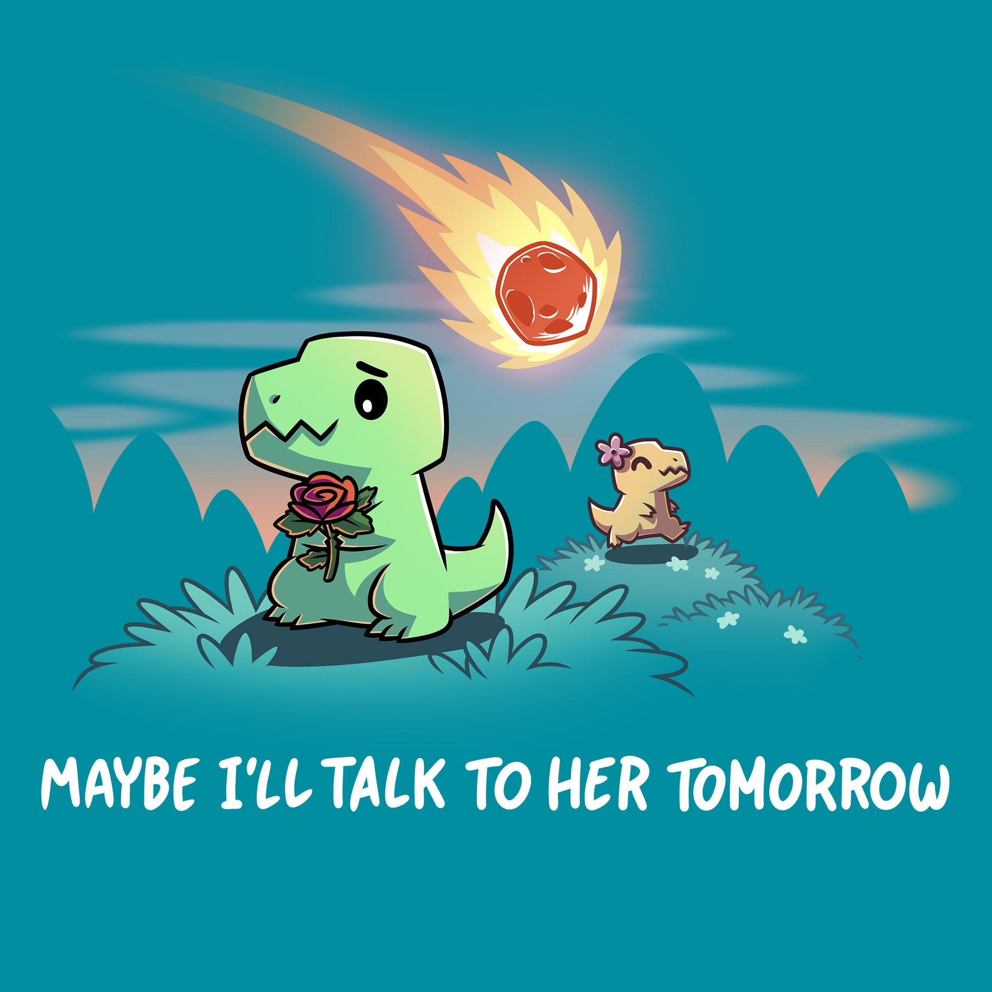 Classic Cotton T-shirt_TeeTurtle tropical blue Maybe I’ll Talk To Her Tomorrow apparel featuring a shy t-rex holding a rose hiding away from a t-rex with a flower in its head with a meteor falling to the ground in the distance.