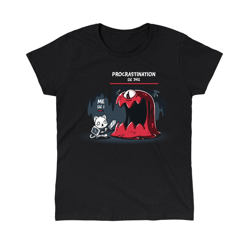 Classic Cotton T-shirt_TeeTurtle Me Vs. Procrastination black t-shirt featuring a cat knight labeled "ME LV. 1" standing nervously in front of a giant red monster labeled "PROCRASTINATION LV. 342" in a dark, cavernous setting.