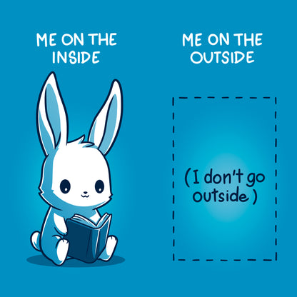 Classic Cotton T-shirt_TeeTurtle Me On The Inside, Me On The Outside Sapphire Blue t-shirt featuring an illustration of a cute bunny reading a book with text: "Me on the inside." On the right, a blank space with text: "Me on the outside (I don't go outside)." 