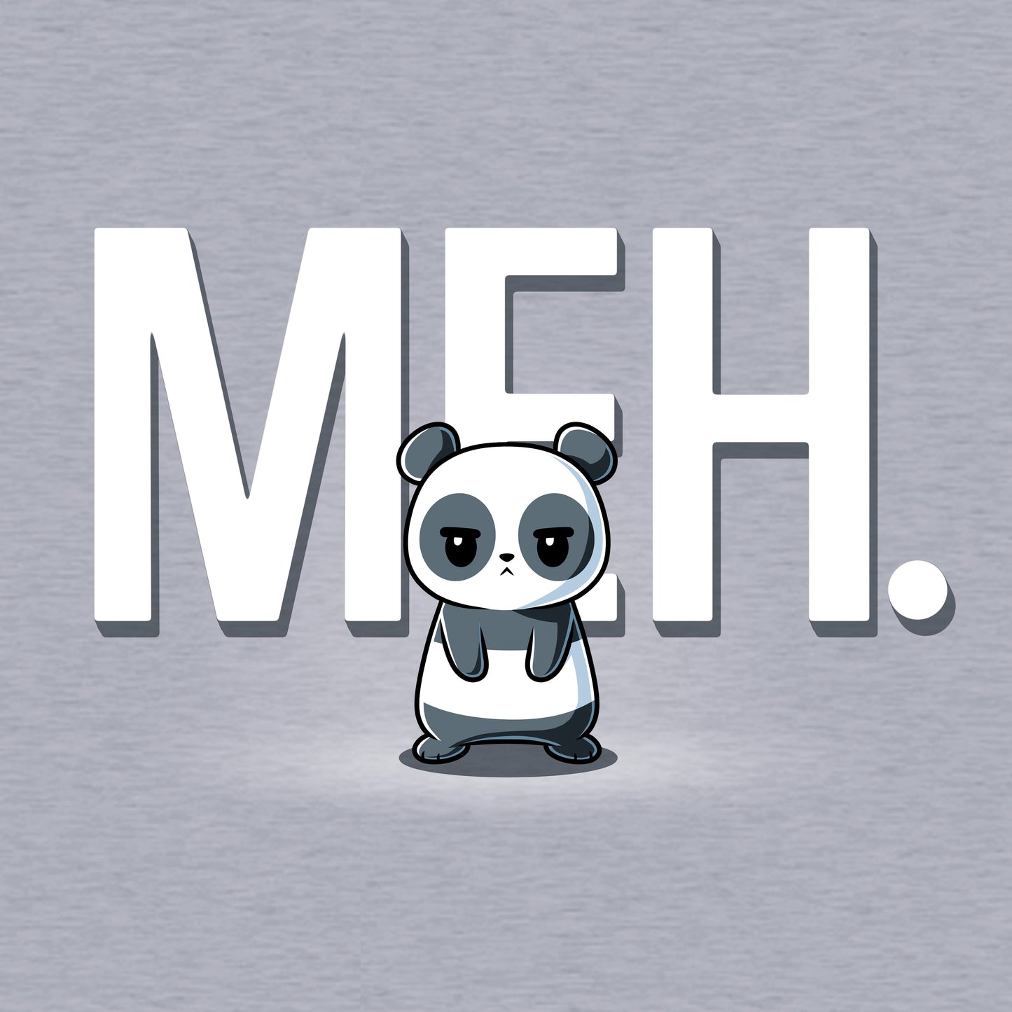 Crew Neck Sweatshirt_TeeTurtle heather gray Meh Panda apparel featuring a panda with a deadpan expression with the gigantic word, “MEH.“ in the background.