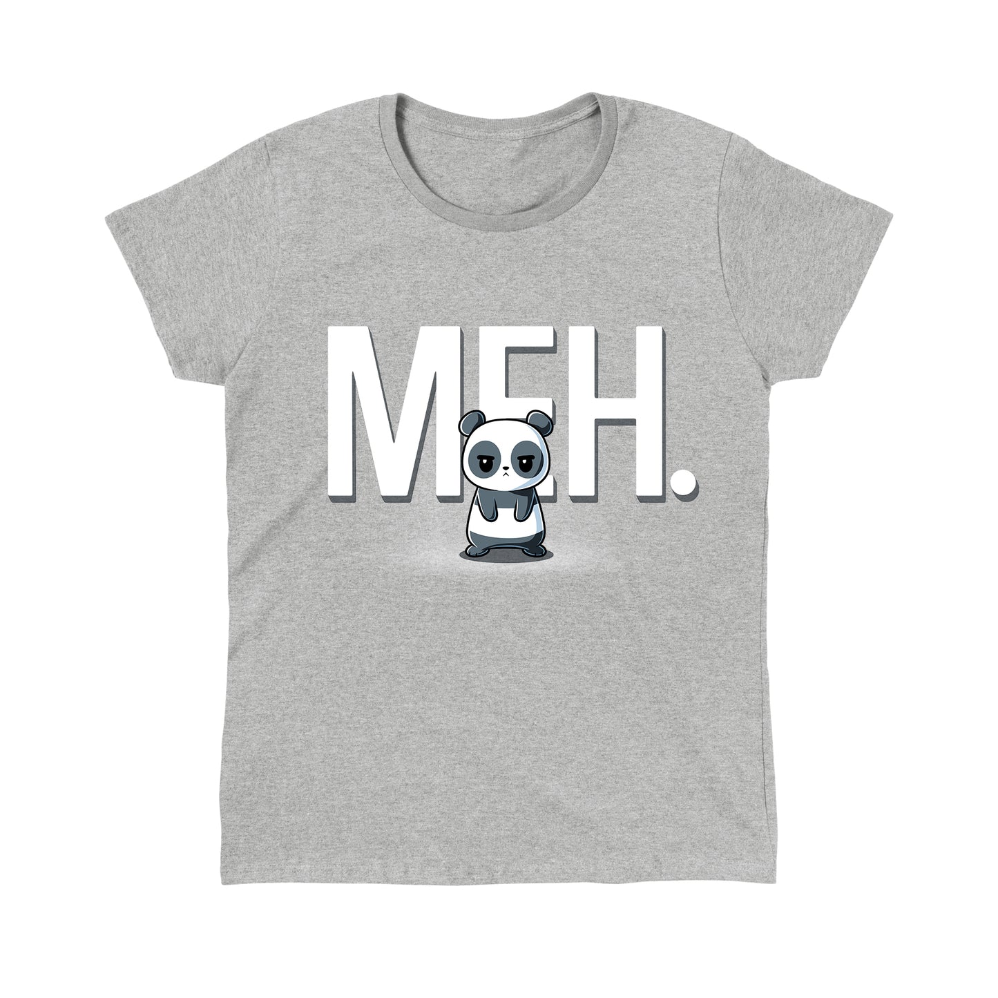 Classic Cotton T-shirt_TeeTurtle heather gray Meh Panda apparel featuring a panda with a deadpan expression with the gigantic word, “MEH.“ in the background.