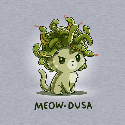 Crew Neck Sweatshirt_TeeTurtle heather gray Meow-dusa apparel featuring a grumpy green cat with a nest of snakes coiled on its head, and the caption, "Meow-dusa".