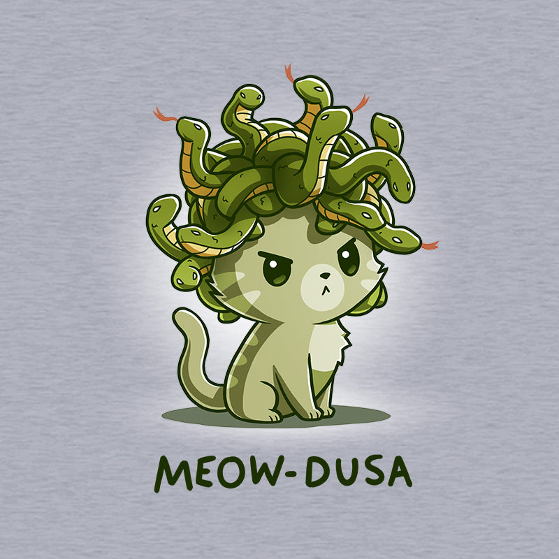 Long Sleeve T-shirt_TeeTurtle heather gray Meow-dusa apparel featuring a grumpy green cat with a nest of snakes coiled on its head, and the caption, "Meow-dusa".