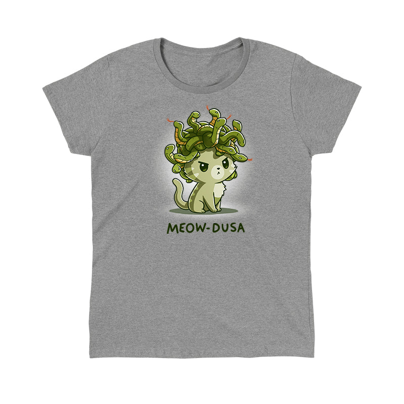Classic Cotton T-shirt_TeeTurtle heather gray Meow-dusa apparel featuring a grumpy green cat with a nest of snakes coiled on its head, and the caption, "Meow-dusa".