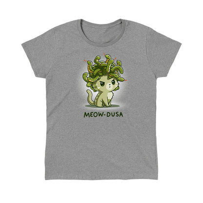 Classic Cotton T-shirt_TeeTurtle heather gray Meow-dusa apparel featuring a grumpy green cat with a nest of snakes coiled on its head, and the caption, "Meow-dusa".