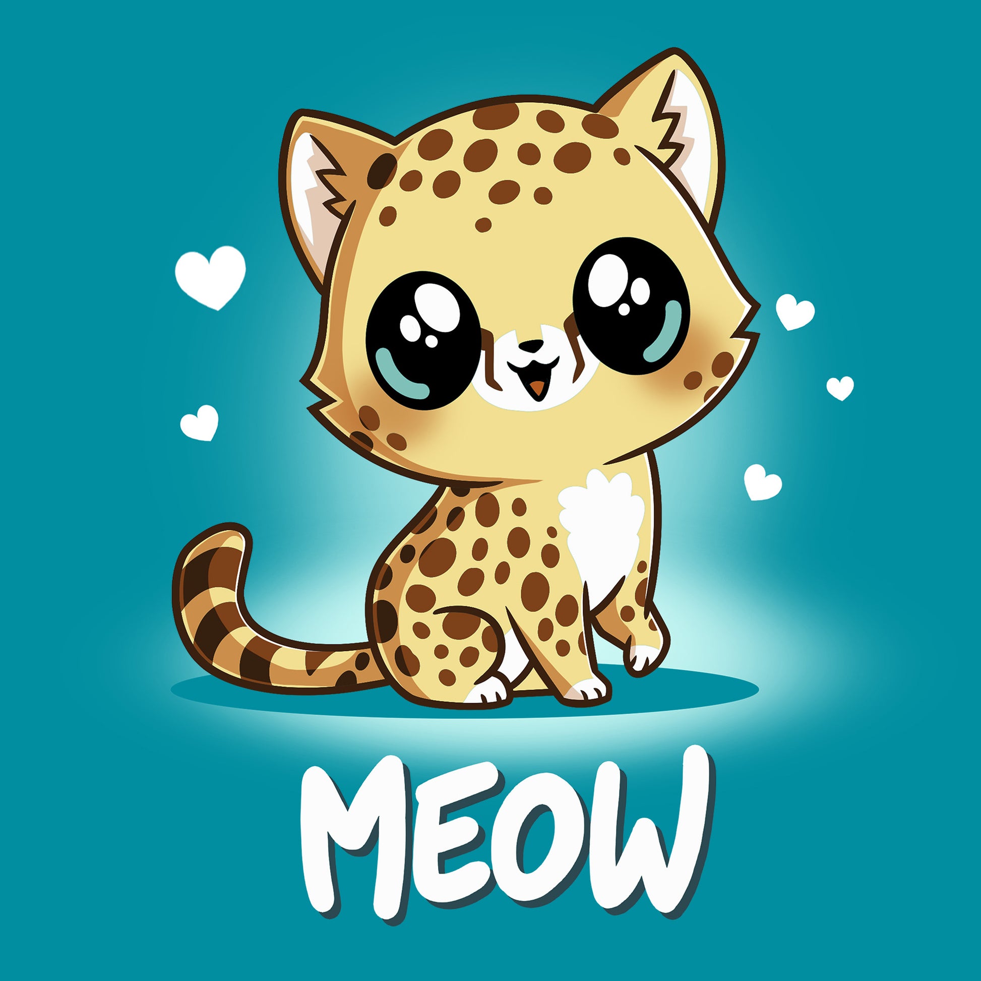 Classic Cotton T-shirt_TeeTurtle Meow tropical blue t-shirt featuring a cute, big-eyed spotted cheetah with a striped tail sitting and smiling. Hearts surround the cat's head, and the word "MEOW" is written below.