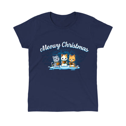 Classic Cotton T-shirt_TeeTurtle navy blue Meowy Christmas Carolers apparel featuring cats meow-singing Christmas carols.