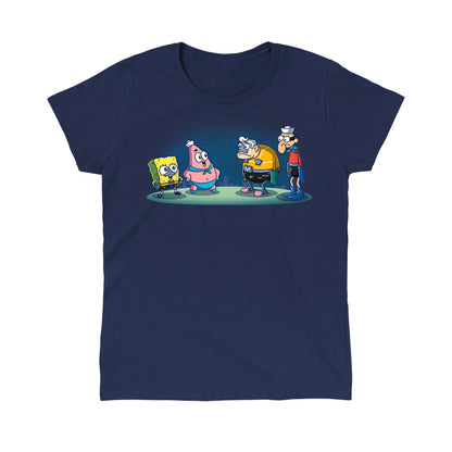 Classic Cotton T-shirt_TeeTurtle navy blue MermaidBob and BarnaclePat apparel featuring SpongeBob SquarePants in a MermaidMan costume, and Patrick Star in a BarnacleBoy costume with a surprised MermaidMan and grumpy BarnacleBoy looking at them.