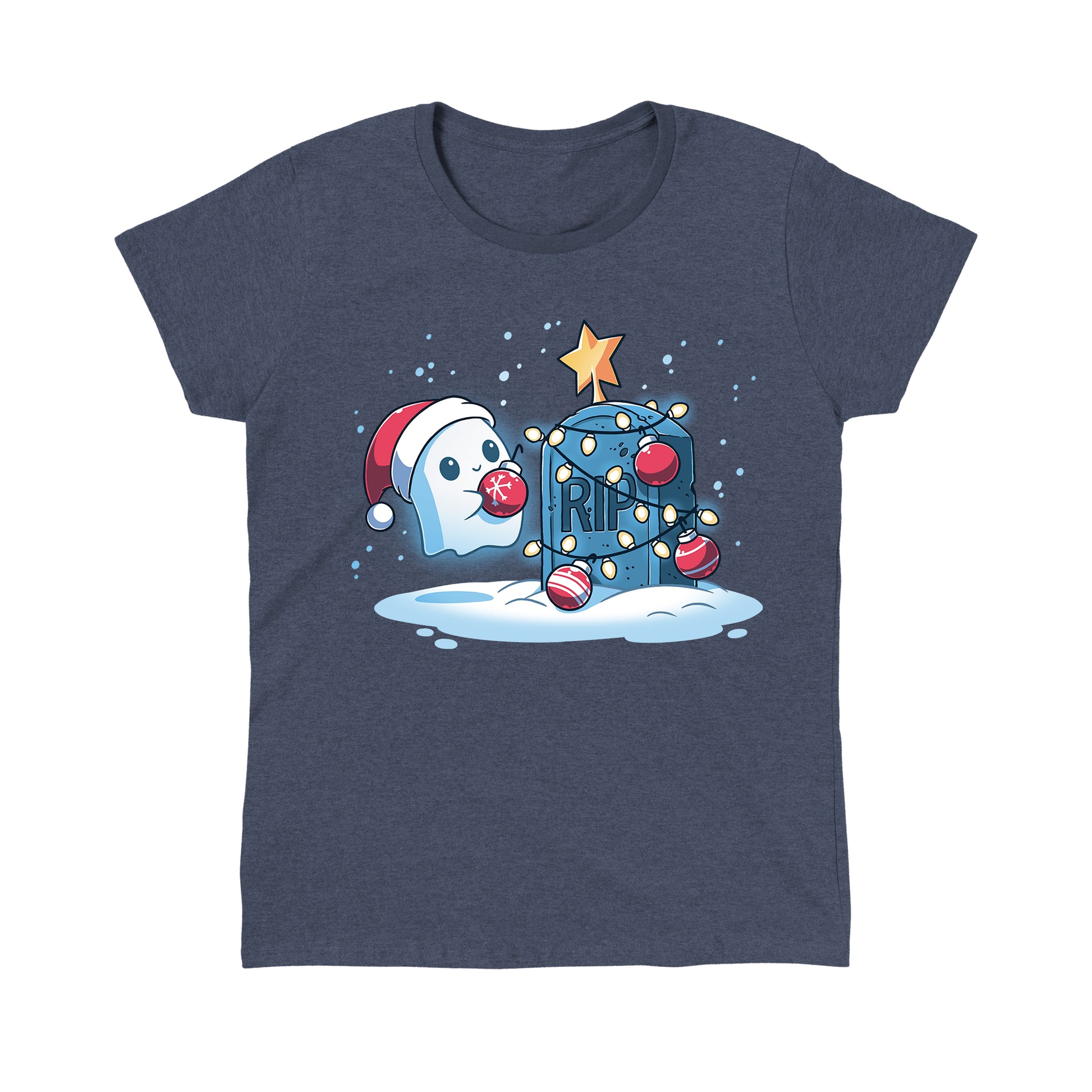 Classic Cotton T-shirt_TeeTurtle heather navy Merry Cryptmas t-shirt featuring a ghost putting holiday decor on a tombstone.