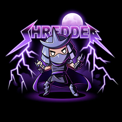 Pullover Hoodie_TeeTurtle black Metal Shredder apparel featuring Shredder in a ready-for-battle pose with his name rendered in a heavy metal font with lightning bolts at the end and the full moon in the background.