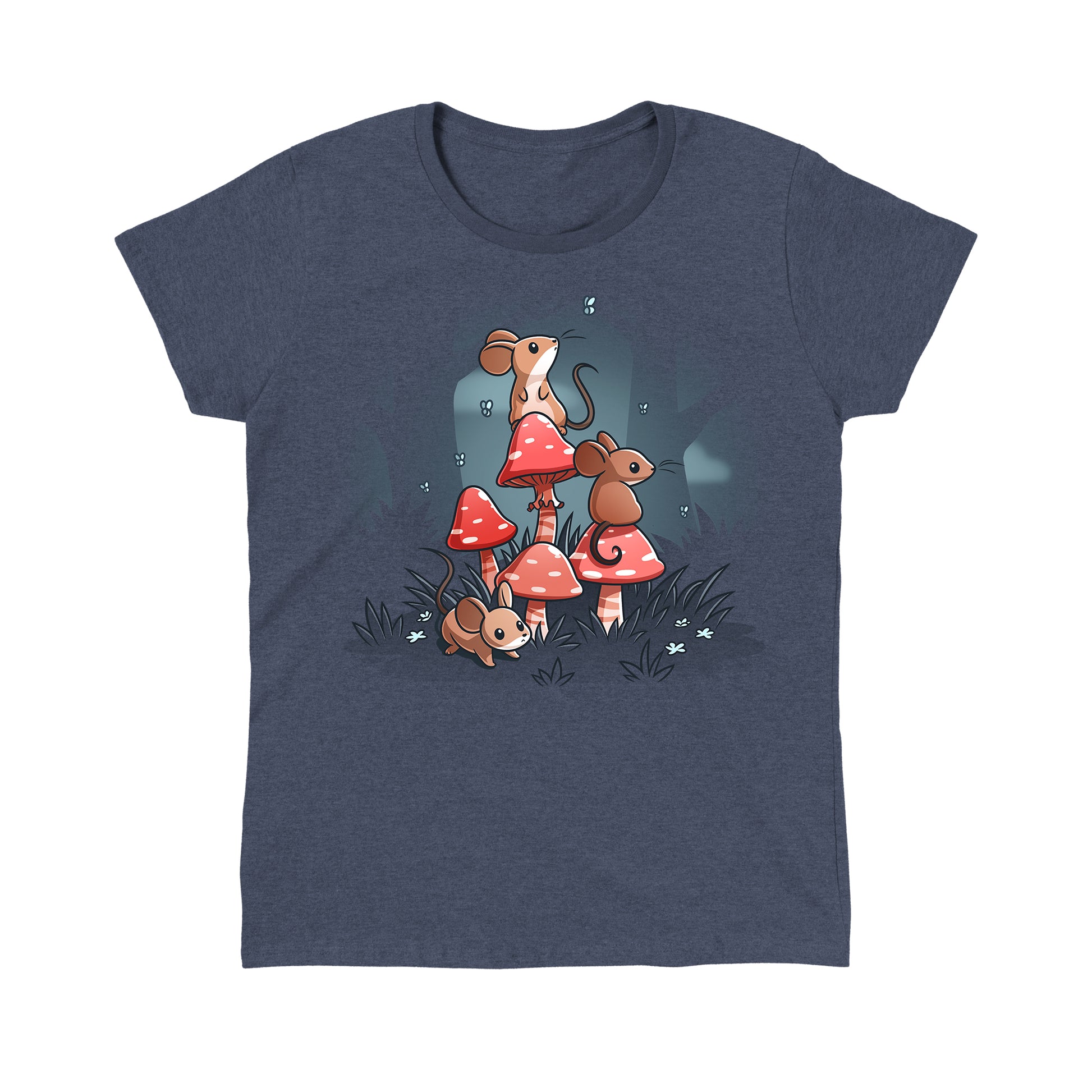 Classic Cotton T-shirt_TeeTurtle heather navy t-shirt Mushrooms & Mice featuring three brown mice grouped around red mushrooms in a cottagecore forest.