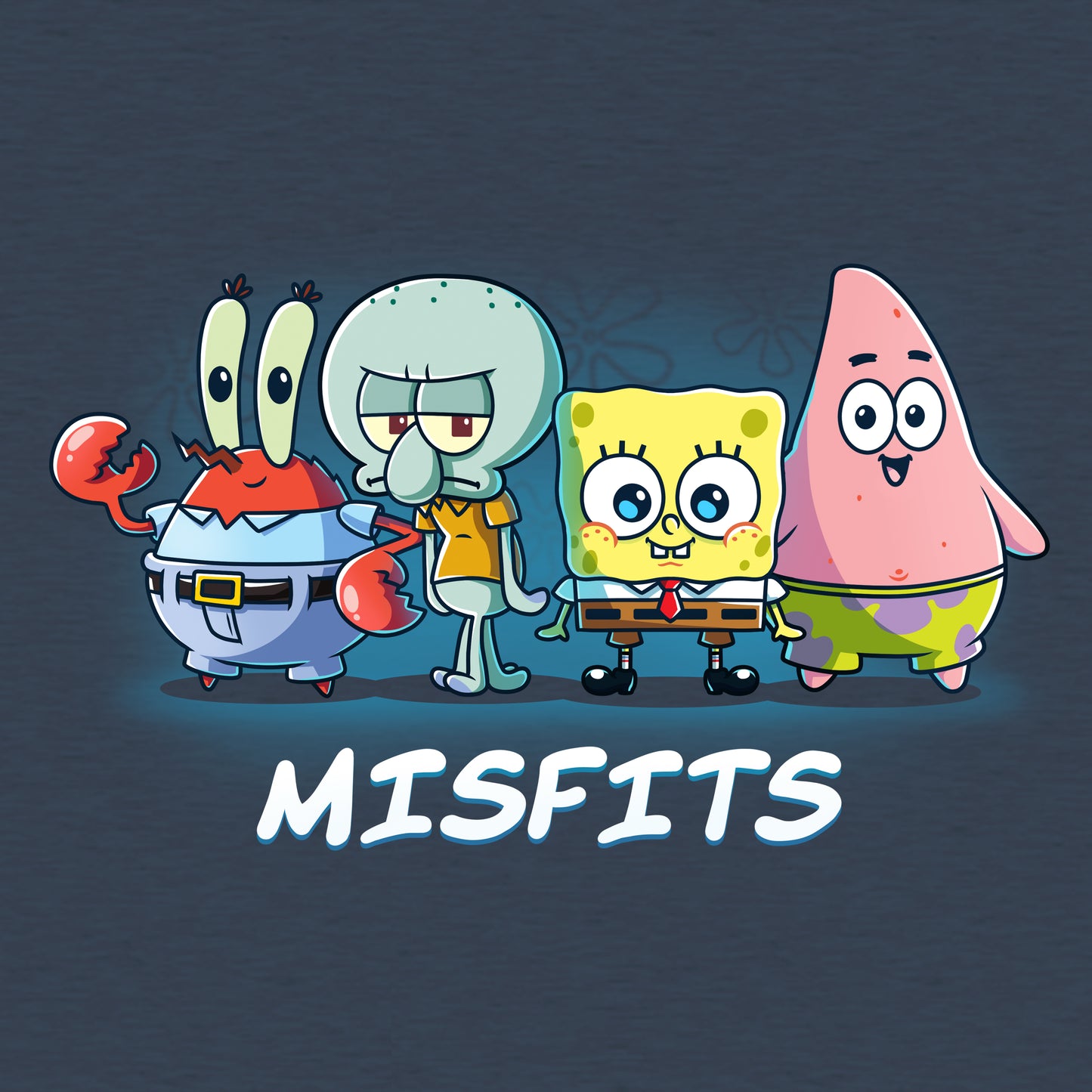 Classic Cotton T-shirt_TeeTurtle heather navy Misfits apparel featuring Mr. Krabs, Squidward Tentacles, SpongeBob SquarePants, and Patrick Star standing in a line.