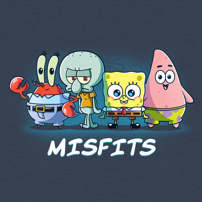 Classic Cotton T-shirt_TeeTurtle heather navy Misfits apparel featuring Mr. Krabs, Squidward Tentacles, SpongeBob SquarePants, and Patrick Star standing in a line.