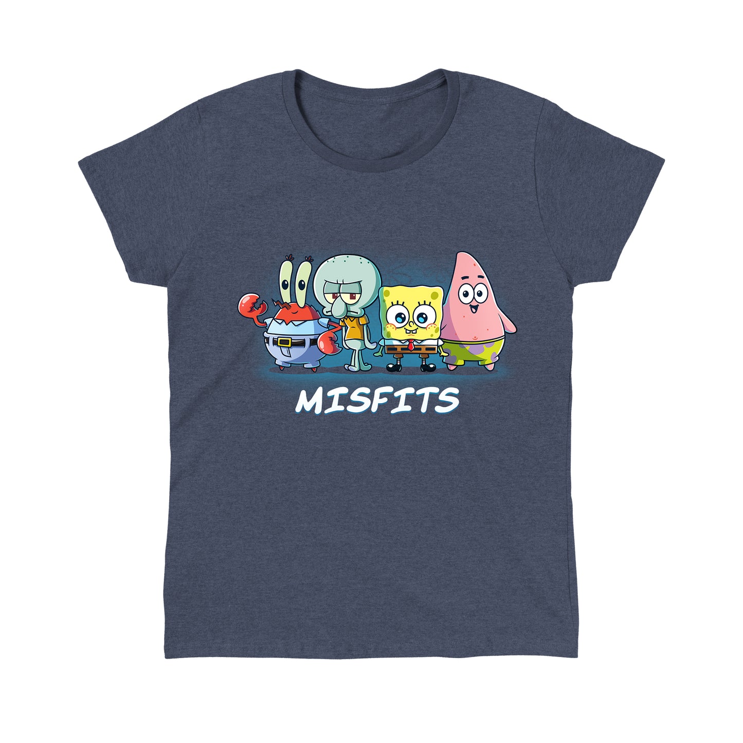 Classic Cotton T-shirt_TeeTurtle heather navy Misfits apparel featuring Mr. Krabs, Squidward Tentacles, SpongeBob SquarePants, and Patrick Star standing in a line.