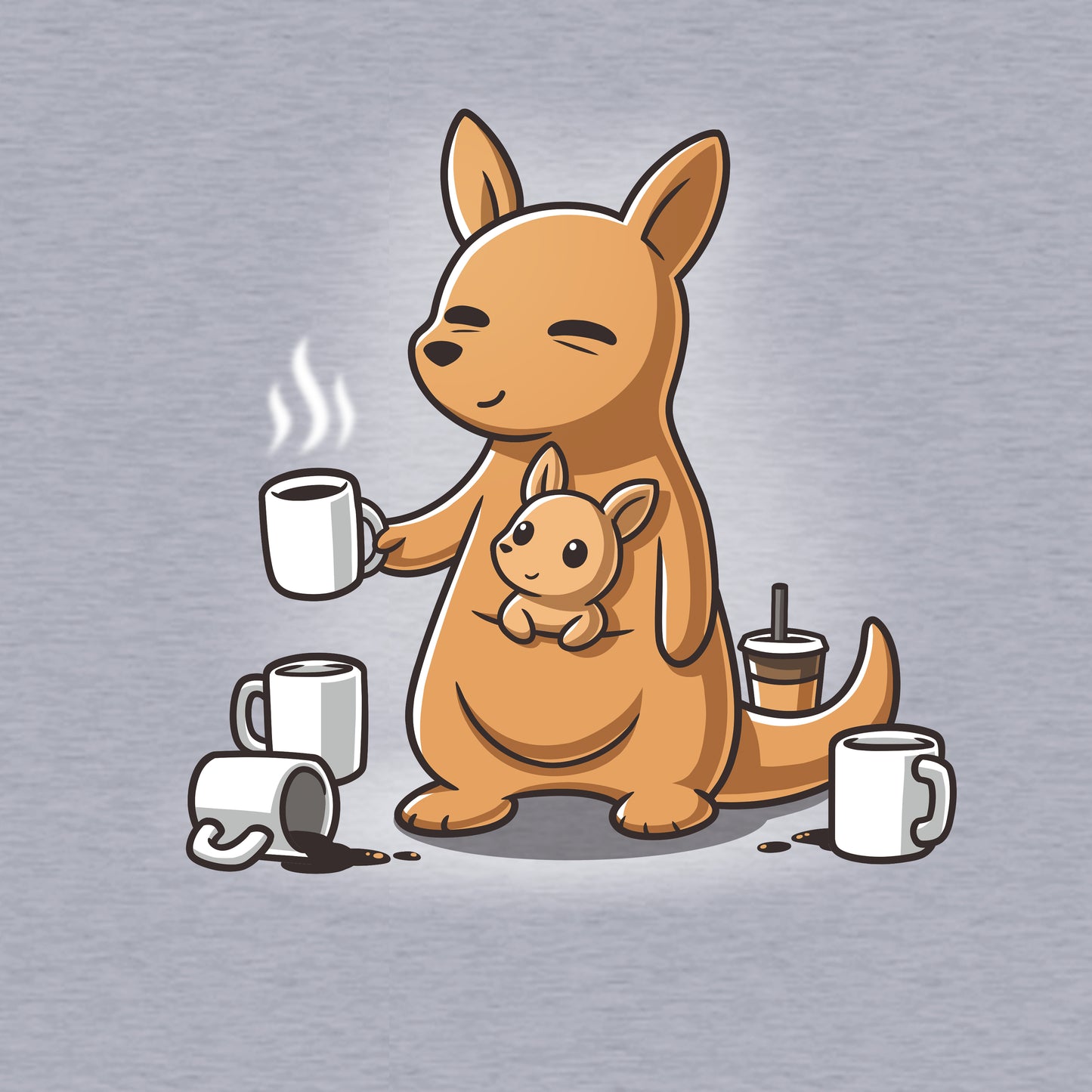 Classic Cotton T-shirt_TeeTurtle heather gray Mom’s Morning Coffee apparel featuring a kangaroo with its joey in its pouch, wherein the parent kangaroo is holding a cup of coffee and is surrounded by empty coffee cups.