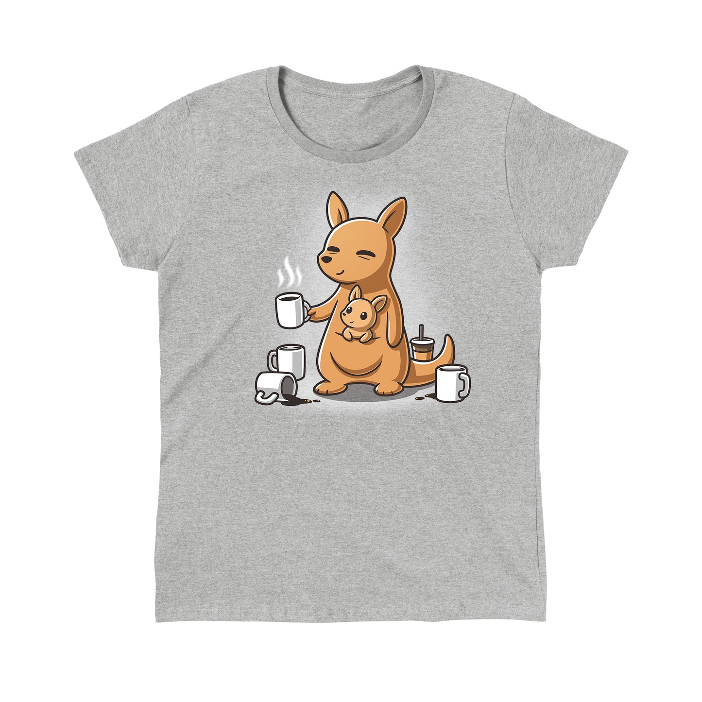 Classic Cotton T-shirt_TeeTurtle heather gray Mom’s Morning Coffee apparel featuring a kangaroo with its joey in its pouch, wherein the parent kangaroo is holding a cup of coffee and is surrounded by empty coffee cups.