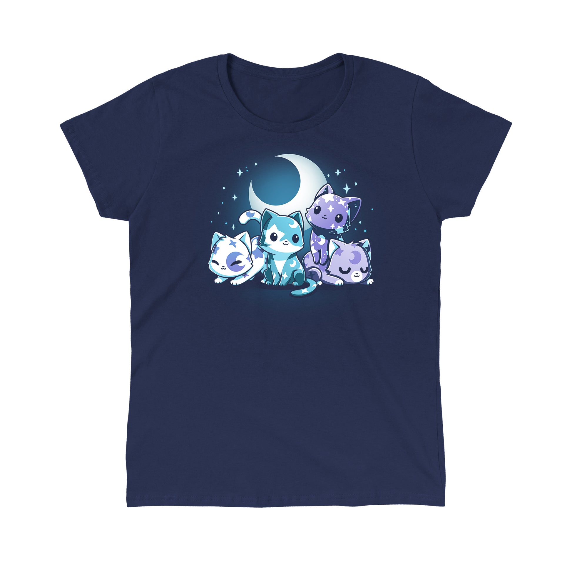 Classic Cotton T-shirt_TeeTurtle navy blue Moon & Star Meows. Featuring blue and purple kittens with moon and star patterns on their fur.