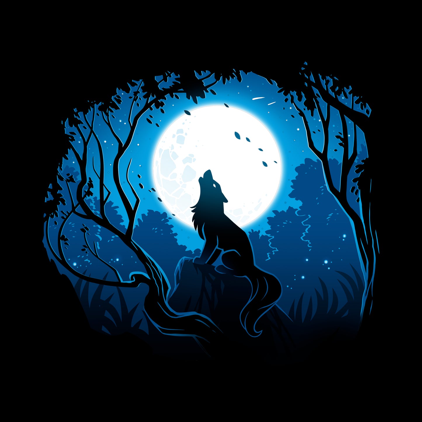 Classic Cotton T-shirt_TeeTurtle Moonlight Wolf black t-shirt featuring an artistic wolf howling at the full moon while sitting on a rock surrounded by trees.