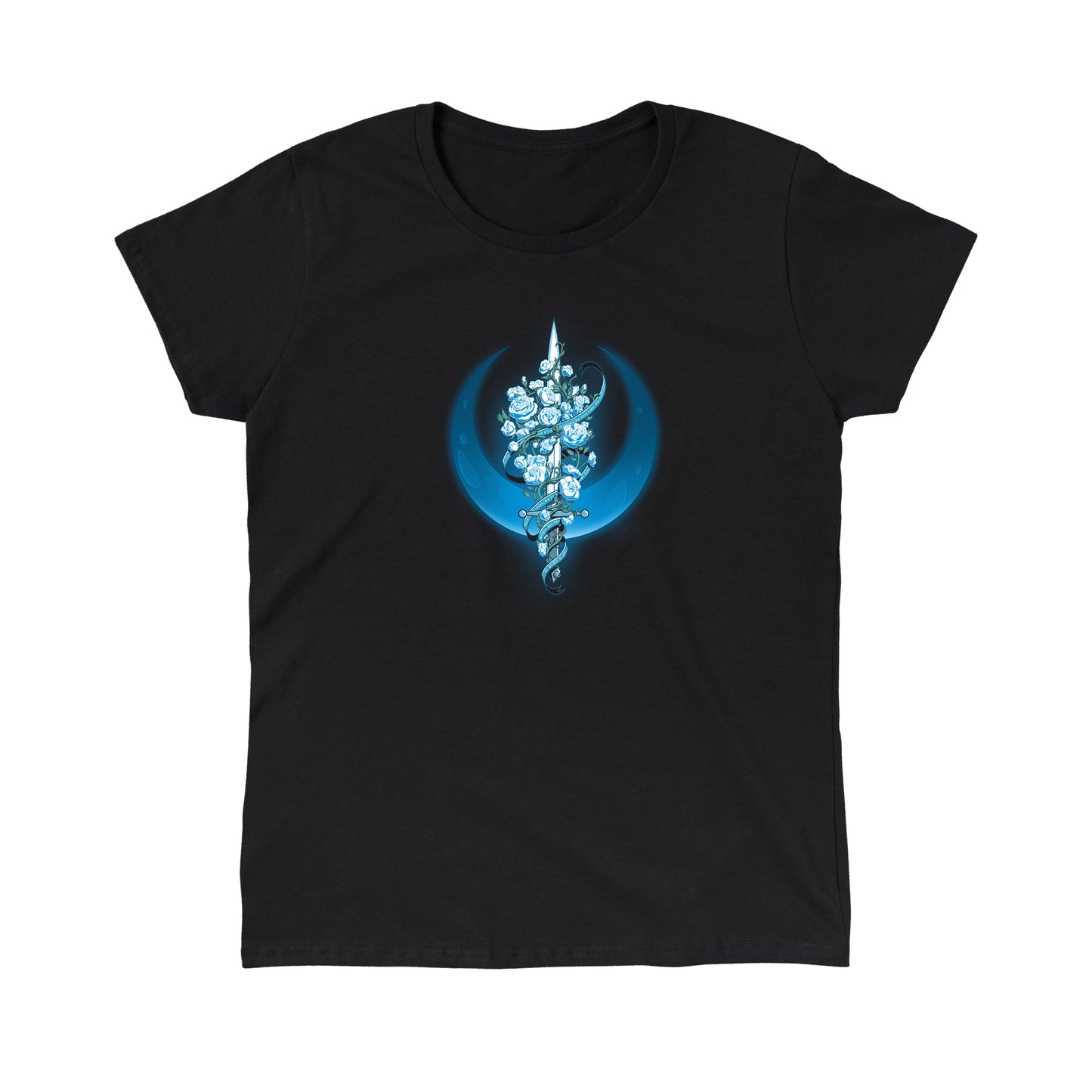 Classic Cotton T-shirt_TeeTurtle Moonlit Blade of Roses black t-shirt featuring a white sword entwined with blue roses and vines, set against a blue crescent moon.