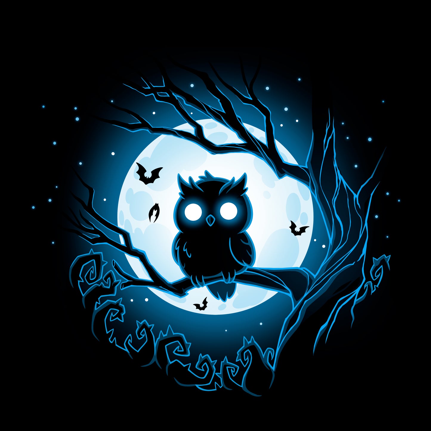 Long Sleeve T-shirt_TeeTurtle Moonlit Owl black t-shirt featuring a glowing blue owl perched on a branch with a full moon and bats in the background.