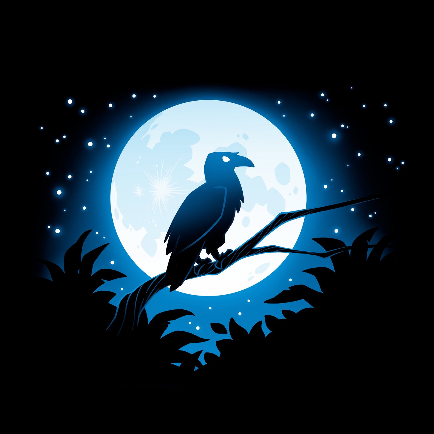 Long Sleeve T-shirt_TeeTurtle Moonlit Raven black t-shirt featuring an artistic raven sitting on a branch in front of a full moon.