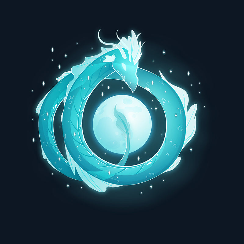 Long Sleeve T-shirt_TeeTurtle navy blue Moonshadow Drake apparel featuring a ghostly dragon coiled in the sky with the full moon showing through the circular space created by its coils.