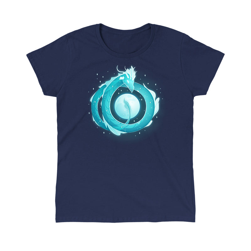 Classic Cotton T-shirt_TeeTurtle navy blue Moonshadow Drake apparel featuring a ghostly dragon coiled in the sky with the full moon showing through the circular space created by its coils.
