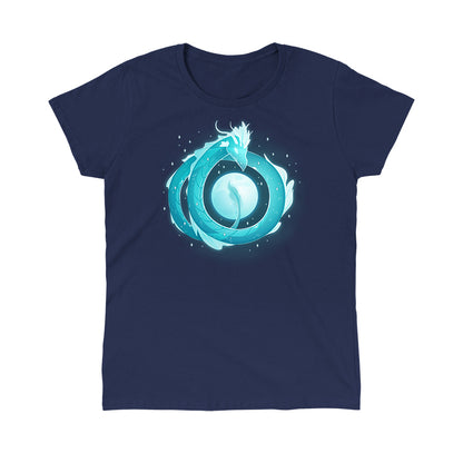 Classic Cotton T-shirt_TeeTurtle navy blue Moonshadow Drake apparel featuring a ghostly dragon coiled in the sky with the full moon showing through the circular space created by its coils.