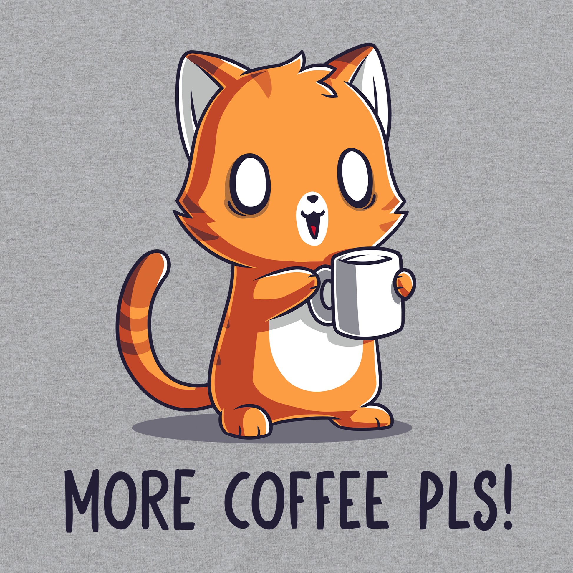 Classic Cotton T-shirt_TeeTurtle More Coffee Pls heather gray t-shirt featuring a cute orange cat looking alert holding a coffee mug with the text "More Coffee Pls!". 