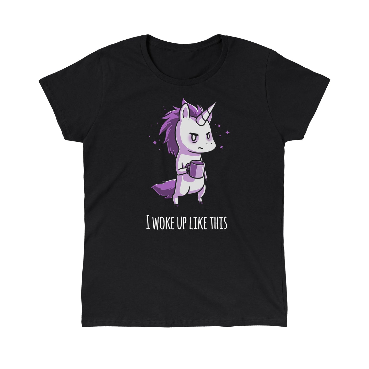 Classic Cotton T-shirt_TeeTurtle black Morning Unicorn. Featuring a disheveled unicorn holding a coffee cup.